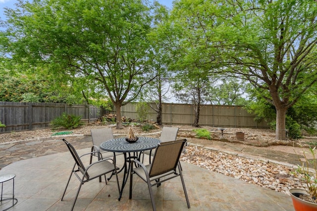 view of patio / terrace featuring a fenced backyard and outdoor dining space