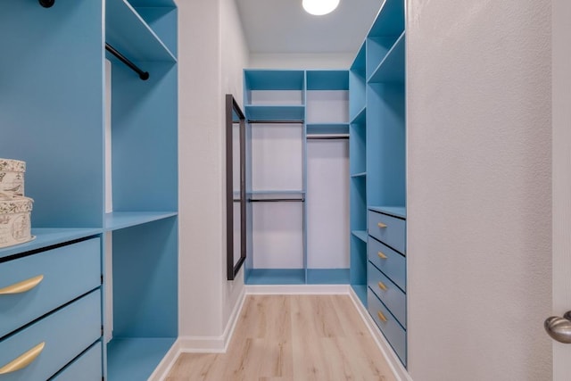 walk in closet with light wood-style floors
