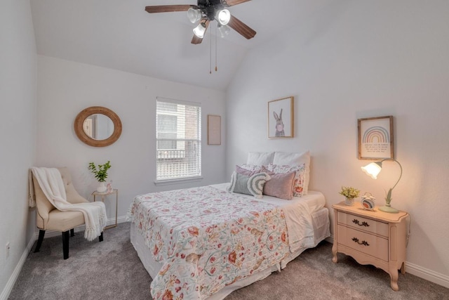 bedroom with carpet, lofted ceiling, baseboards, and a ceiling fan