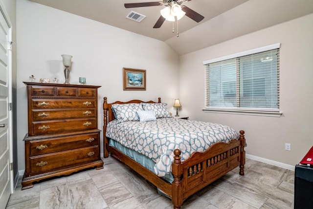 bedroom featuring lofted ceiling, baseboards, a ceiling fan, and visible vents