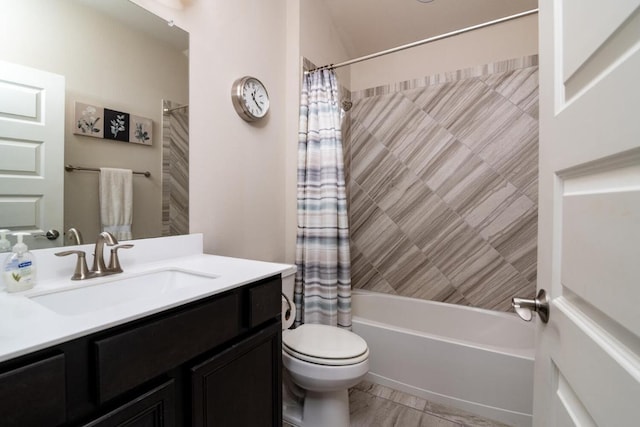 full bathroom with toilet, vanity, and shower / bath combination with curtain