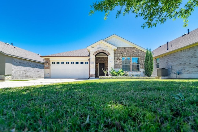 single story home featuring a front lawn, central AC, concrete driveway, a garage, and brick siding