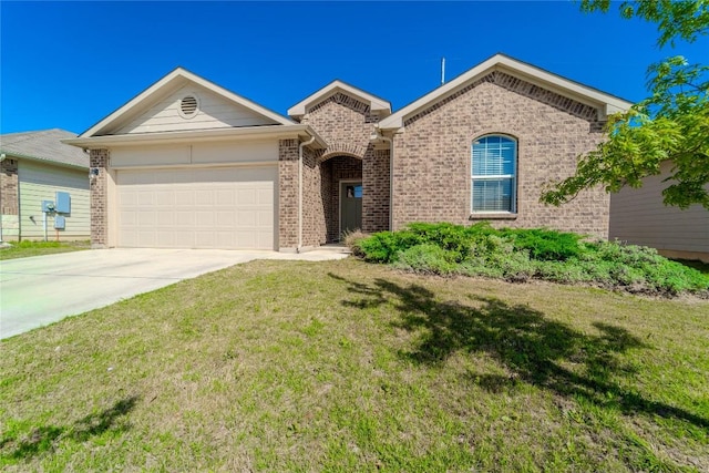 single story home featuring an attached garage, driveway, a front lawn, and brick siding