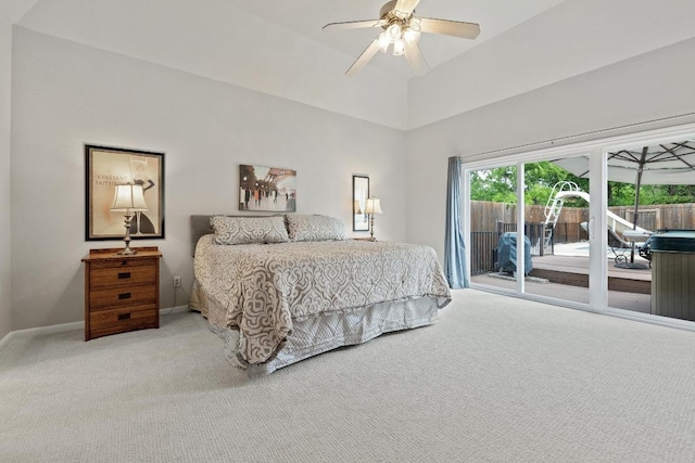 6659 Whitemarsh Valley Walk, Austin, TX 78746 - carpeted bedroom featuring access to outside, ceiling fan, and a towering ceiling