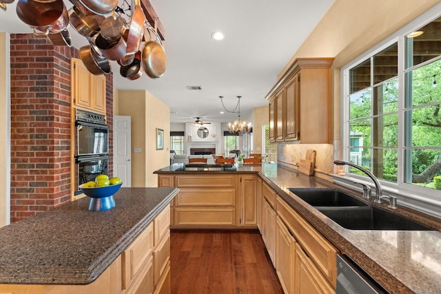 kitchen with a sink, dobule oven black, dark wood finished floors, open floor plan, and visible vents