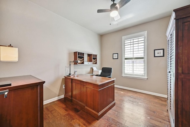 office with baseboards, a ceiling fan, and dark wood-style floors