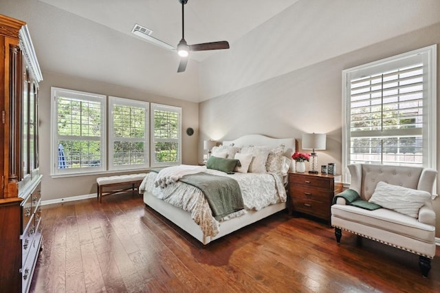 bedroom with baseboards, visible vents, multiple windows, and dark wood-style floors