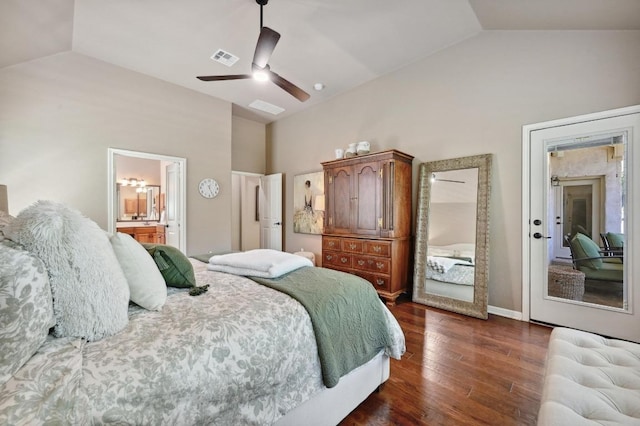bedroom with high vaulted ceiling, ceiling fan, dark wood-type flooring, and visible vents