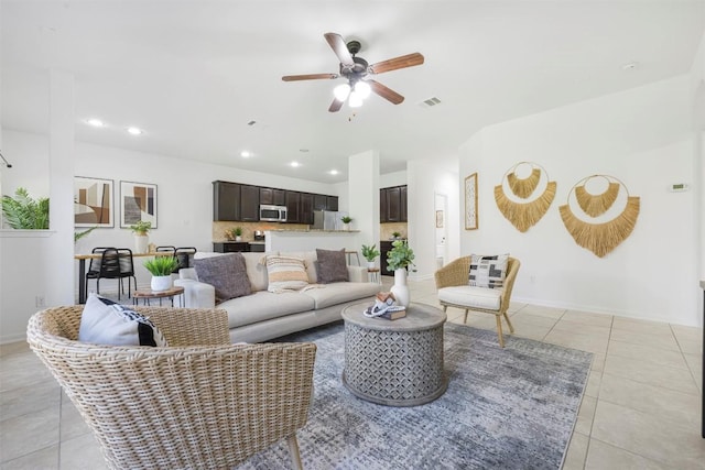 1812 Hidden Springs Path, Round Rock, TX 78665 - living room featuring recessed lighting, visible vents, a ceiling fan, light tile patterned floors, and baseboards