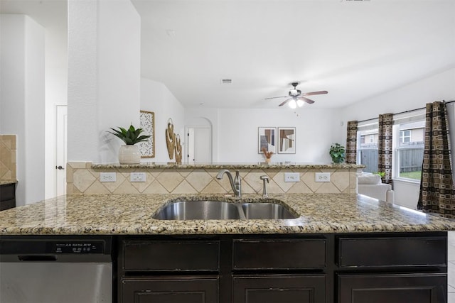 1812 Hidden Springs Path, Round Rock, TX 78665 - kitchen featuring dishwasher, a ceiling fan, light stone countertops, and a sink
