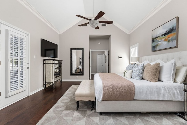 5710 Carry Back Ln, Austin, TX 78746 - bedroom with ornamental molding, high vaulted ceiling, wood finished floors, access to outside, and baseboards