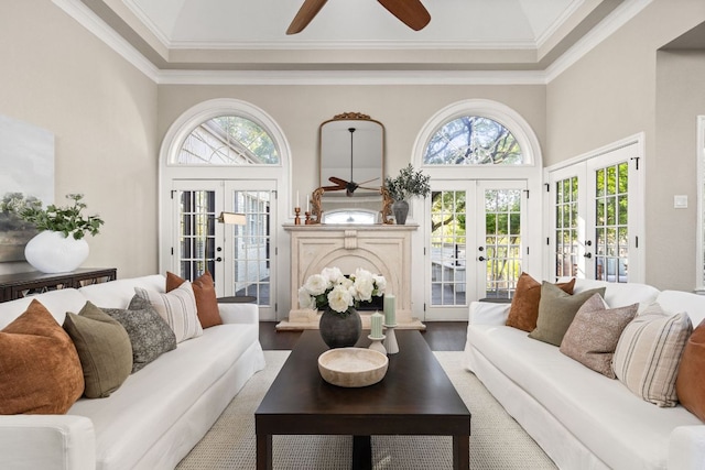 5710 Carry Back Ln, Austin, TX 78746 - living area with french doors, a towering ceiling, ceiling fan, plenty of natural light, and ornamental molding