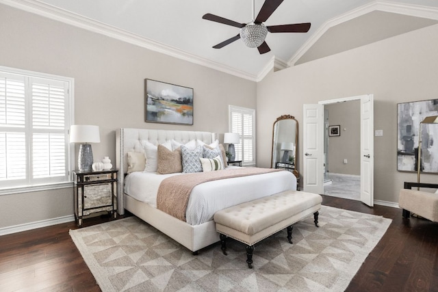 5710 Carry Back Ln, Austin, TX 78746 - bedroom with multiple windows, baseboards, wood finished floors, ceiling fan, and high vaulted ceiling