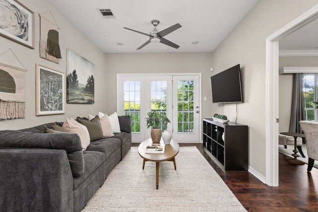 5710 Carry Back Ln, Austin, TX 78746 - living room featuring dark wood-type flooring and ceiling fan
