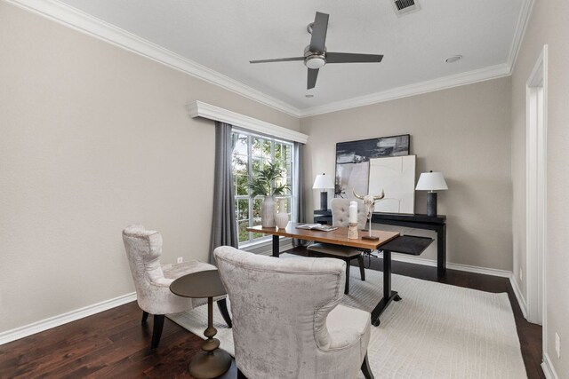 5710 Carry Back Ln, Austin, TX 78746 - home office featuring wood finished floors, baseboards, ornamental molding, and ceiling fan