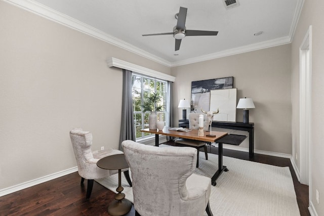 5710 Carry Back Ln, Austin, TX 78746 - office area with wood finished floors, crown molding, and a ceiling fan