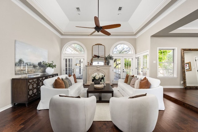 5710 Carry Back Ln, Austin, TX 78746 - living area with french doors, a raised ceiling, ceiling fan, healthy amount of natural light, and ornamental molding