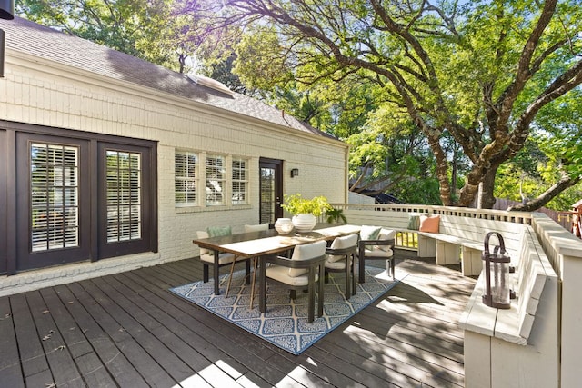 5710 Carry Back Ln, Austin, TX 78746 - wooden terrace featuring outdoor dining space