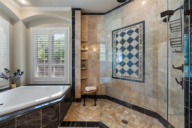 27435 Waterfall Hill Pkwy, Spicewood, TX 78669 - bathroom featuring ornamental molding, a garden tub, and tiled shower