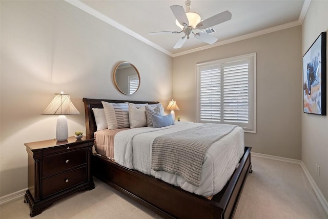 27435 Waterfall Hill Pkwy, Spicewood, TX 78669 - bedroom with a ceiling fan, visible vents, baseboards, light colored carpet, and ornamental molding
