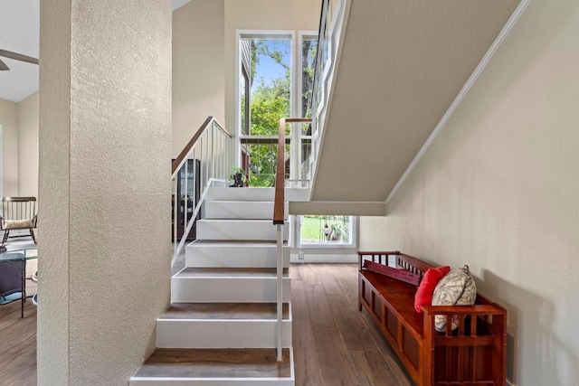 9 Stoney Creek Cv, Lakeway, TX 78734 - stairs with a textured wall, wood finished floors, and crown molding