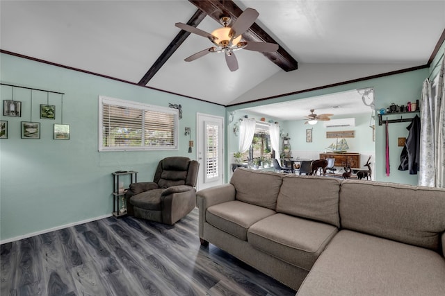 living area featuring baseboards, dark wood-style flooring, lofted ceiling with beams, and ceiling fan