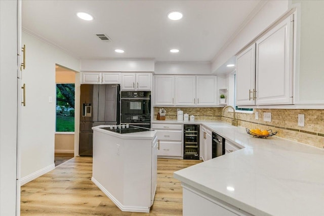 8105 Bell Mountain Dr, Austin, TX 78730 - kitchen featuring black appliances, beverage cooler, white cabinets, open shelves, and ornamental molding