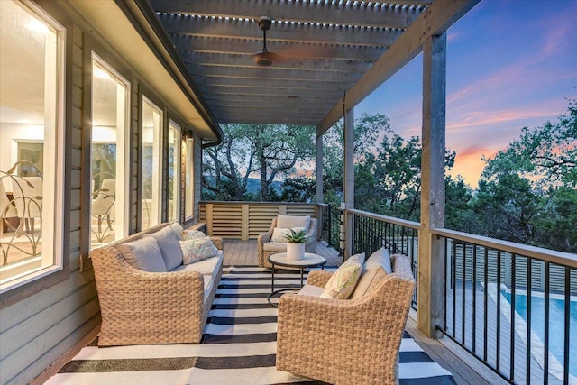 8105 Bell Mountain Dr, Austin, TX 78730 - deck at dusk featuring outdoor lounge area