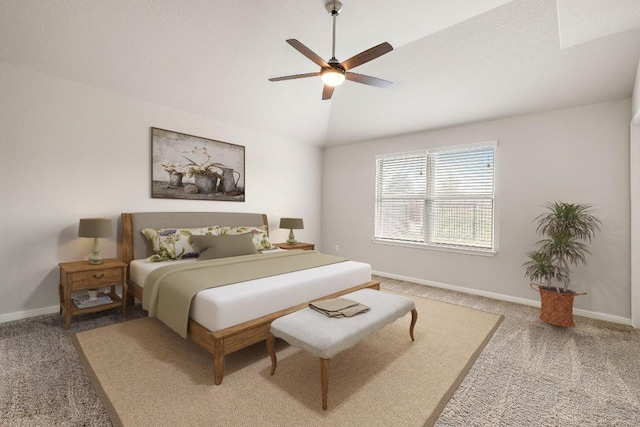 carpeted bedroom featuring a ceiling fan, lofted ceiling, and baseboards