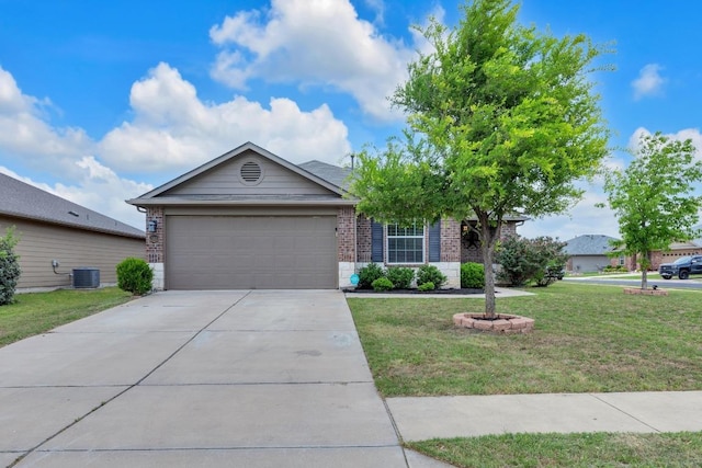 single story home with a front lawn, central air condition unit, concrete driveway, brick siding, and a garage
