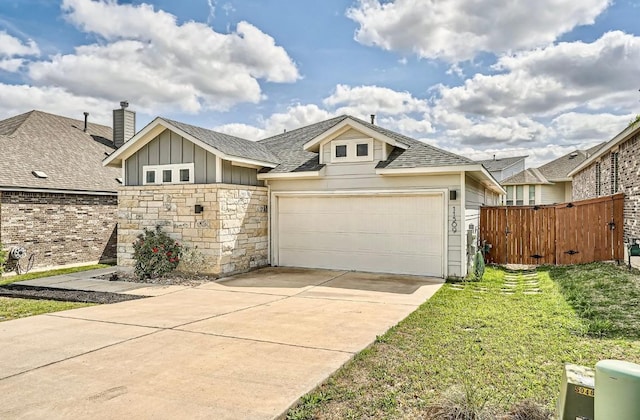 11509 Brindle Ct, Manor, TX 78653 - view of front of house featuring board and batten siding, a garage, driveway, roof with shingles, and a chimney