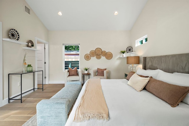 4709 Bandera Rd, Austin, TX 78721 - bedroom with wood finished floors, recessed lighting, and high vaulted ceiling