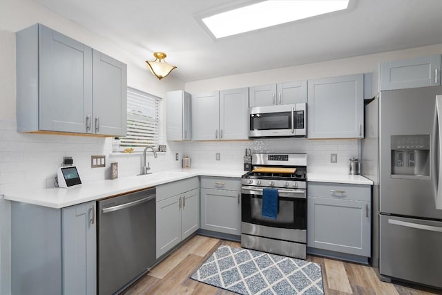 17320 Manish Dr, Pflugerville, TX 78660 - kitchen with stainless steel appliances, a sink, gray cabinetry, and tasteful backsplash