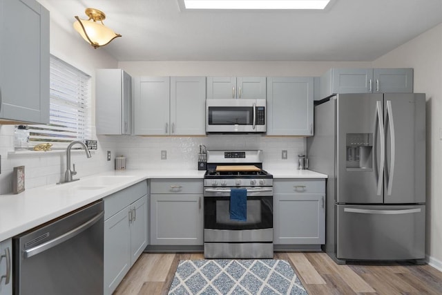 17320 Manish Dr, Pflugerville, TX 78660 - kitchen featuring stainless steel appliances, a sink, gray cabinetry, and light wood finished floors