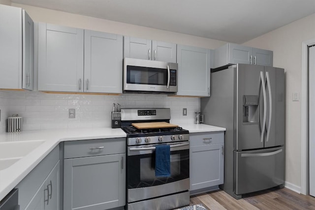 17320 Manish Dr, Pflugerville, TX 78660 - kitchen featuring appliances with stainless steel finishes, gray cabinets, light wood finished floors, decorative backsplash, and light countertops
