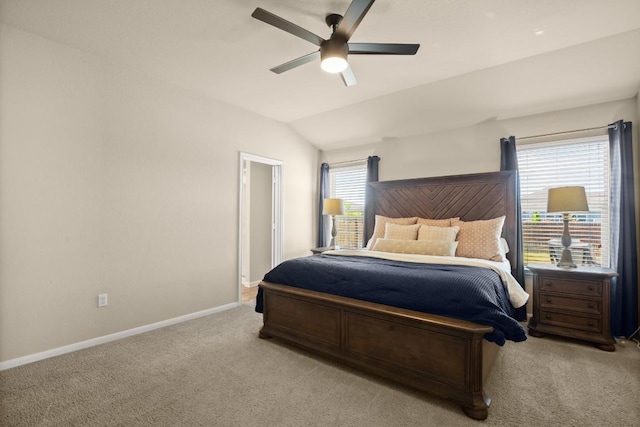 604 Nueces River Trl, Hutto, TX 78634 - bedroom with ceiling fan, light carpet, vaulted ceiling, and baseboards