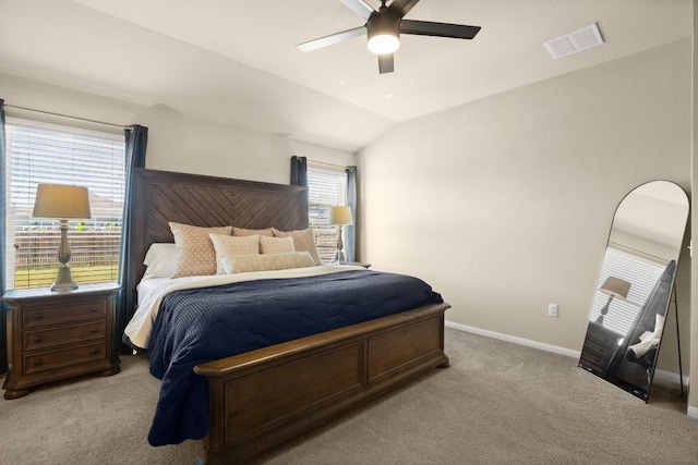 604 Nueces River Trl, Hutto, TX 78634 - carpeted bedroom featuring vaulted ceiling, visible vents, baseboards, and ceiling fan