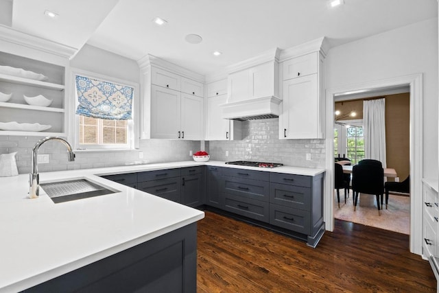 2702 Hillview Green Ln, Austin, TX 78703 - kitchen with gray cabinetry, light countertops, white cabinetry, decorative backsplash, and recessed lighting