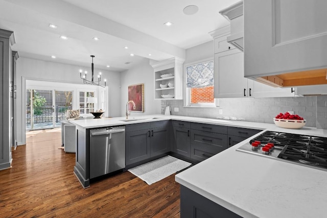 2702 Hillview Green Ln, Austin, TX 78703 - kitchen featuring stainless steel appliances, a peninsula, dark wood-style floors, gray cabinetry, and decorative backsplash