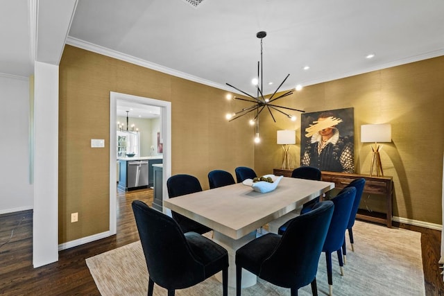 2702 Hillview Green Ln, Austin, TX 78703 - dining room featuring a chandelier, ornamental molding, wood finished floors, and recessed lighting