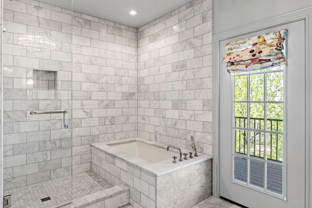 2702 Hillview Green Ln, Austin, TX 78703 - bathroom featuring a garden tub and a tile shower