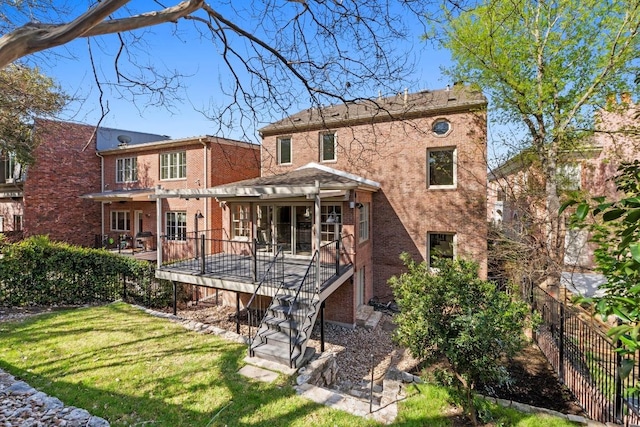 2702 Hillview Green Ln, Austin, TX 78703 - back of house featuring a fenced backyard, brick siding, a wooden deck, and stairway