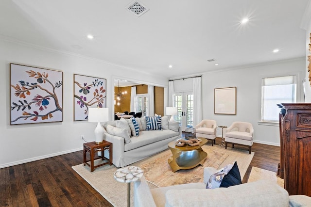 2702 Hillview Green Ln, Austin, TX 78703 - living area with crown molding, wood finished floors, recessed lighting, and french doors