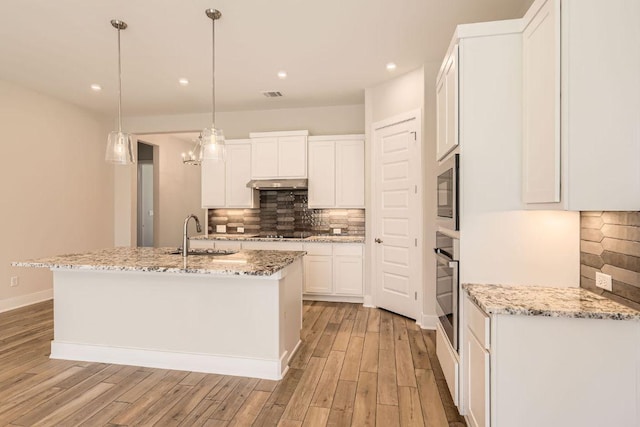kitchen featuring light wood-type flooring, stainless steel appliances, under cabinet range hood, and decorative backsplash
