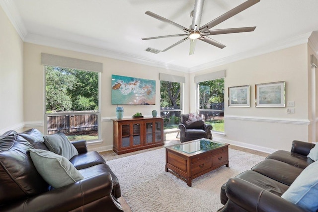 1900 Val Verde Dr, Austin, TX 78732 - living area featuring a ceiling fan, visible vents, and ornamental molding