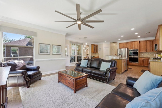 1900 Val Verde Dr, Austin, TX 78732 - living room featuring recessed lighting, light tile patterned floors, crown molding, baseboards, and ceiling fan with notable chandelier