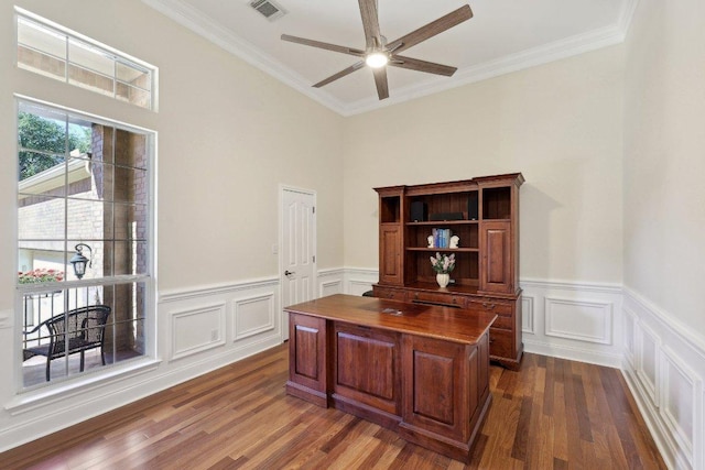 1900 Val Verde Dr, Austin, TX 78732 - office area with crown molding, visible vents, ceiling fan, and dark wood finished floors