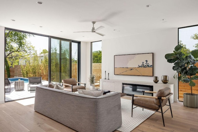 303 W Elizabeth St Unit A, Austin, TX 78704 - living area featuring expansive windows, plenty of natural light, light wood finished floors, ceiling fan, and a glass covered fireplace