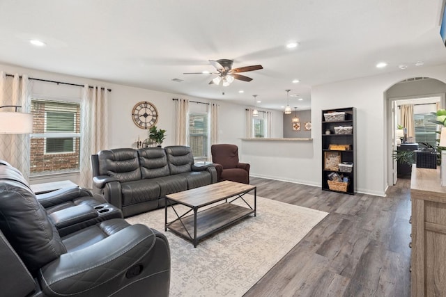 153 Proclamation Ave, Liberty Hill, TX 78642 - living room featuring ceiling fan, recessed lighting, wood finished floors, and plenty of natural light