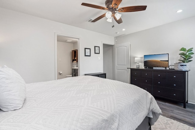153 Proclamation Ave, Liberty Hill, TX 78642 - bedroom with visible vents, a ceiling fan, wood finished floors, and recessed lighting